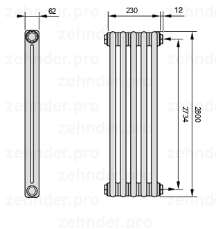 Схема (чертеж) Радиатор Zehnder Charleston 2280/5 №7610 Белый глянцевый RAL 9016